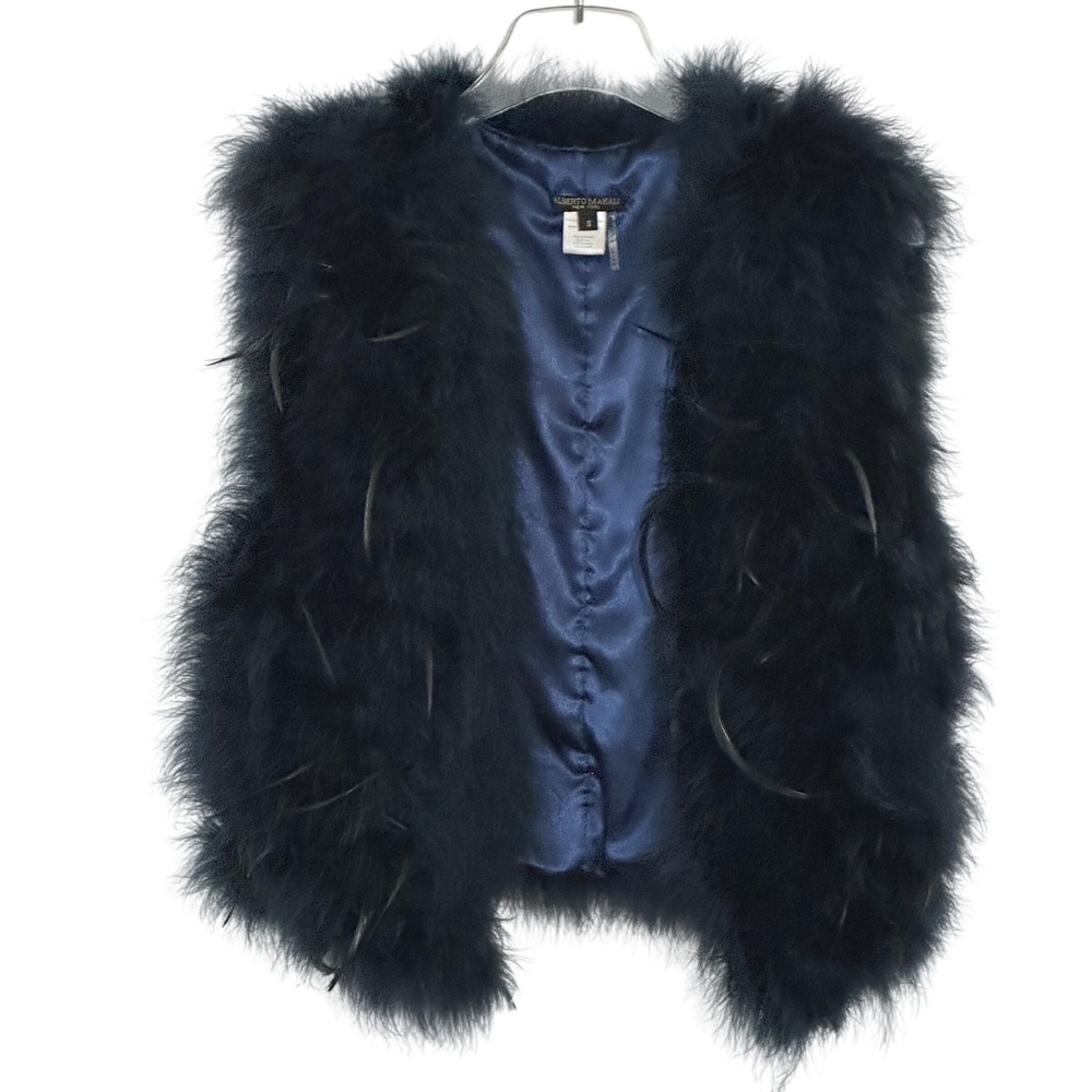 Alberto Makali Women Vest S Navy Blue Real Turkey Feather Fluffy Glam Statement